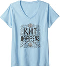 Womens Funny \u2018Knit Happens\u2019 Quote - Playful Yarn & Needles Design V-Neck