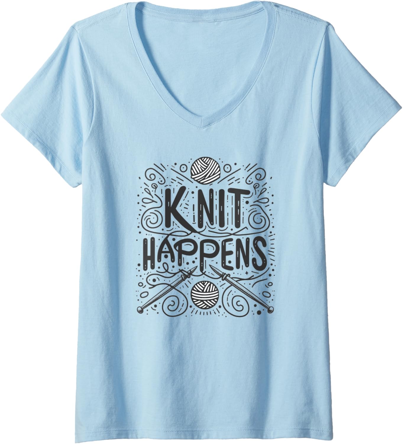 Womens Funny \u2018Knit Happens\u2019 Quote - Playful Yarn & Needles Design V-Neck
