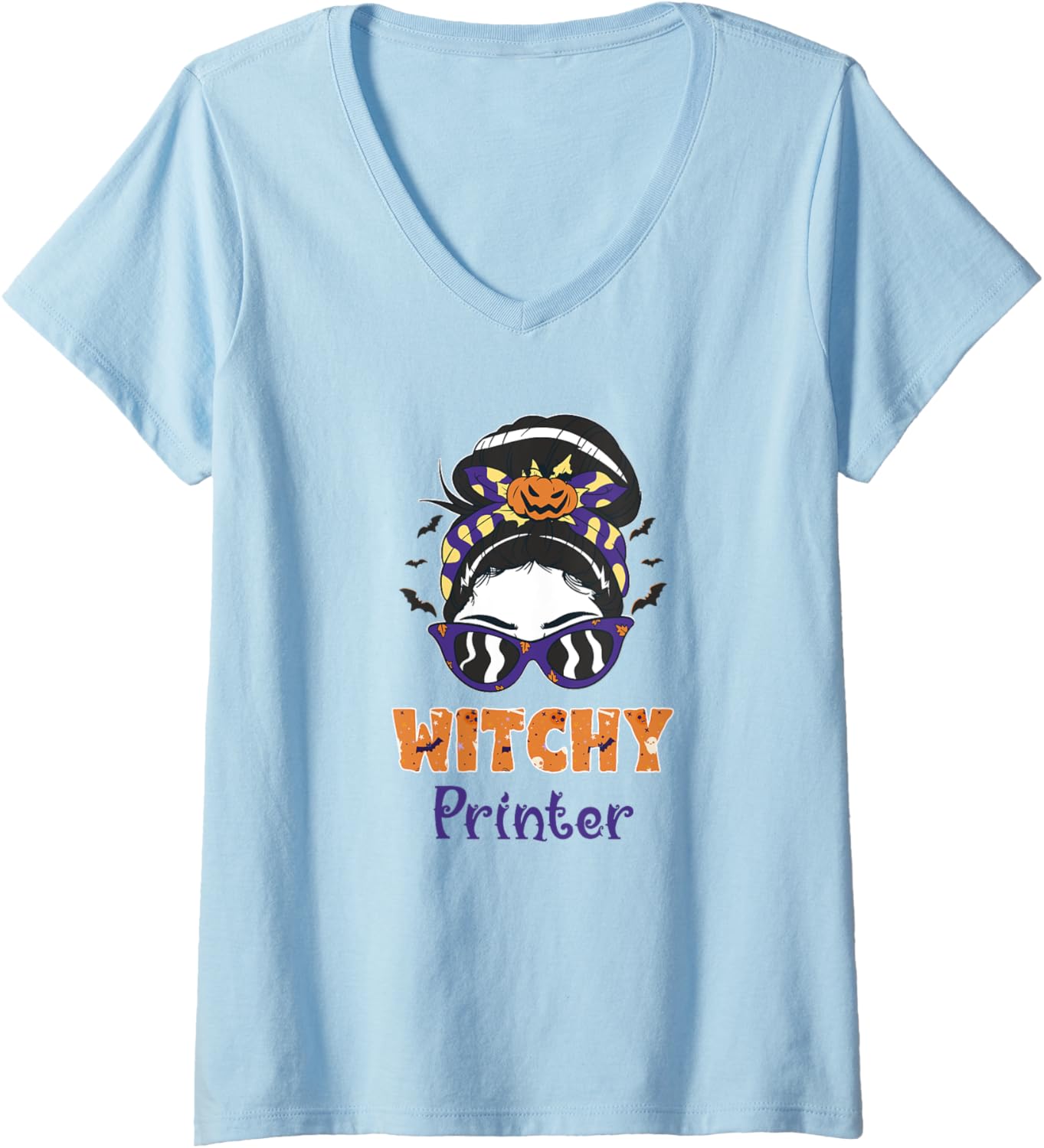 Messy Bun Witchy Printer Halloween V Neck