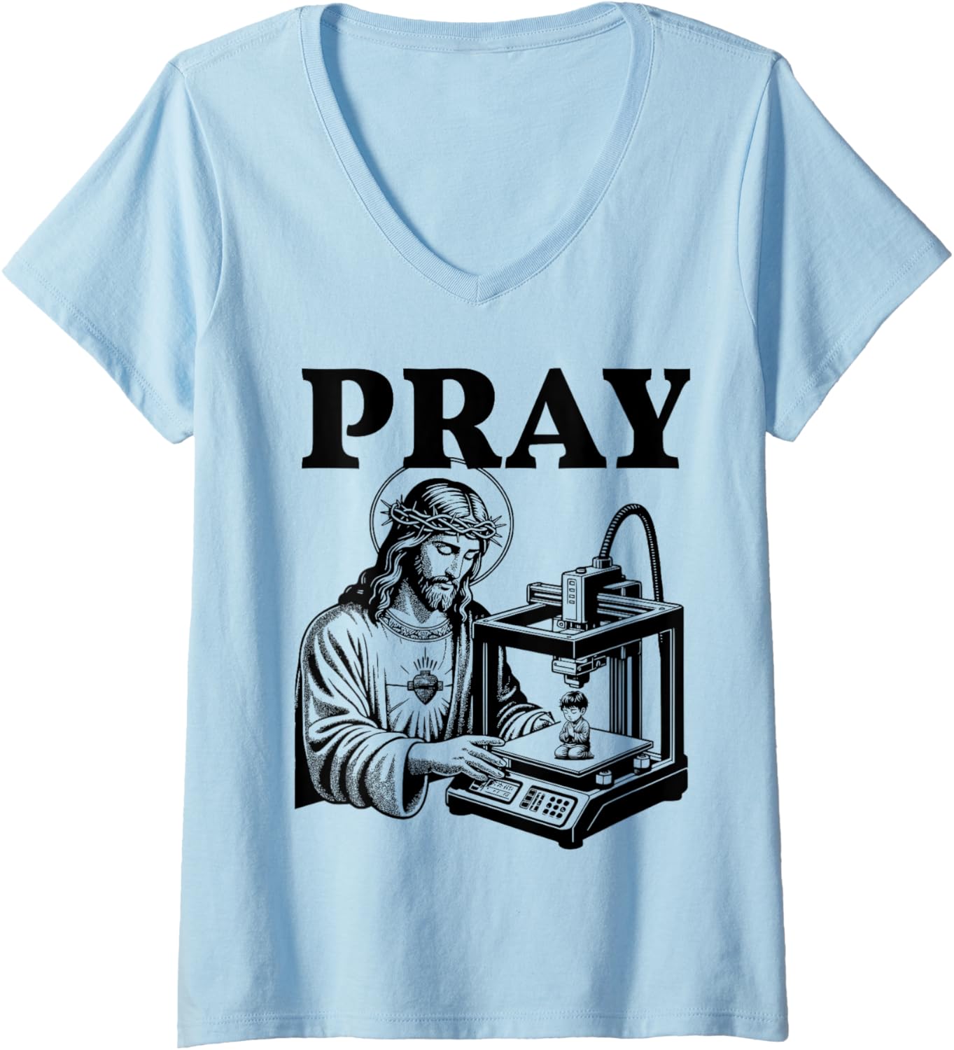 Womens Jesus Christ Printing Figure Praying Kid 3D Printer Pray V Neck