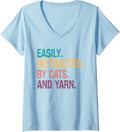 Womens Easily Distracted by cats And Yarn Quote knitting lovers V-Neck