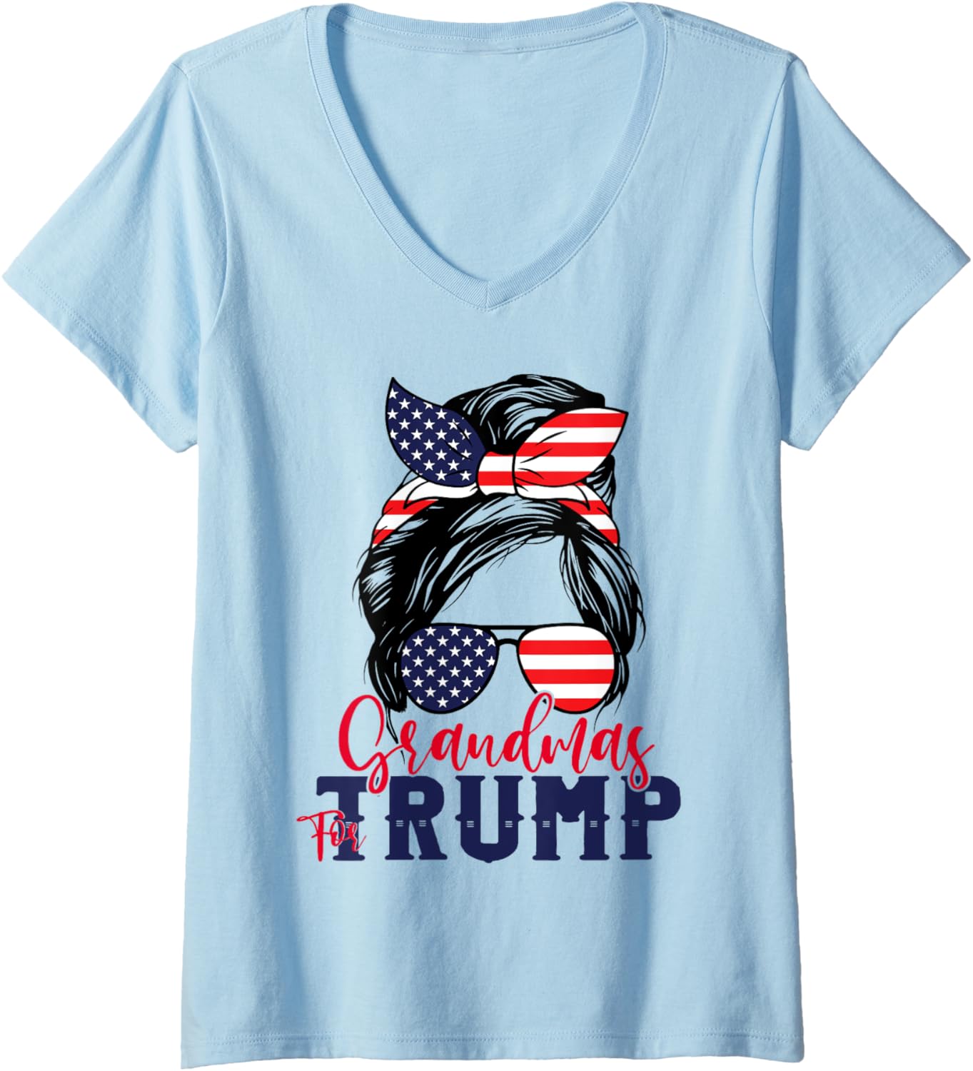 Womens Grandmas For Trump Messy Bun Trump 2024 American Flag V Neck