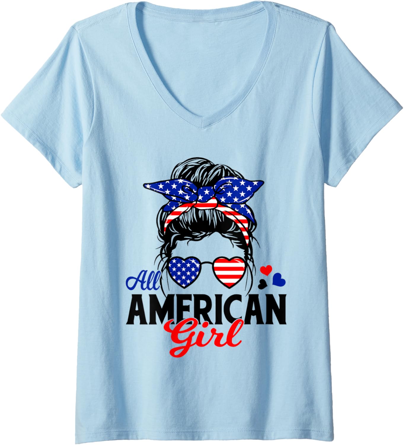 Womens All American Girl 4Th Of July Messy Bun Usa Flag Girls Women V Neck