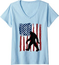 Womens Bigfoot American Flag Funny 4Th Of July Patriotic Men Women V Neck