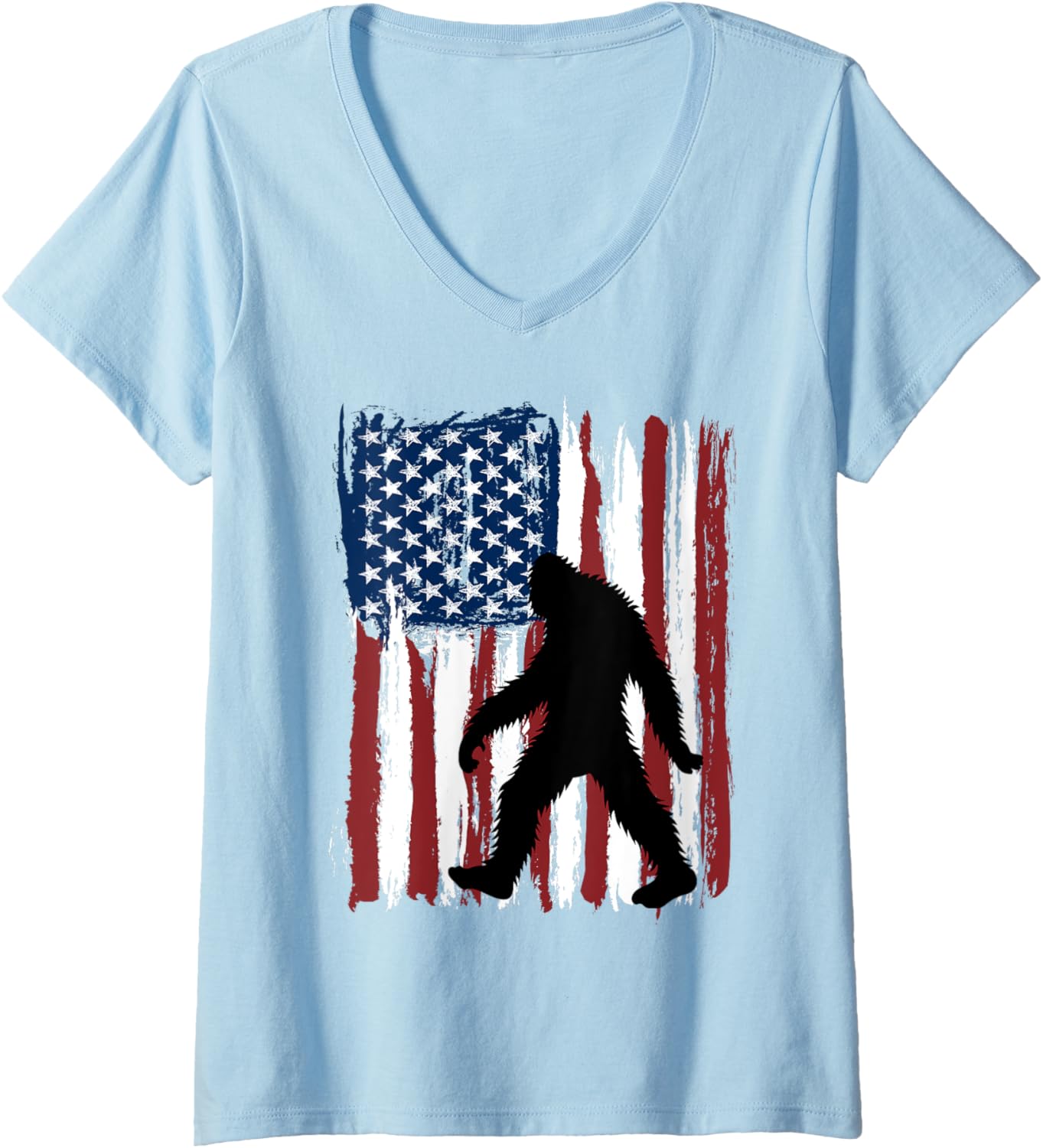 Womens Bigfoot American Flag Funny 4Th Of July Patriotic Men Women V Neck