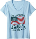 Womens She Loves Jesus And America Too Usa Flag 4Th Of July V Neck