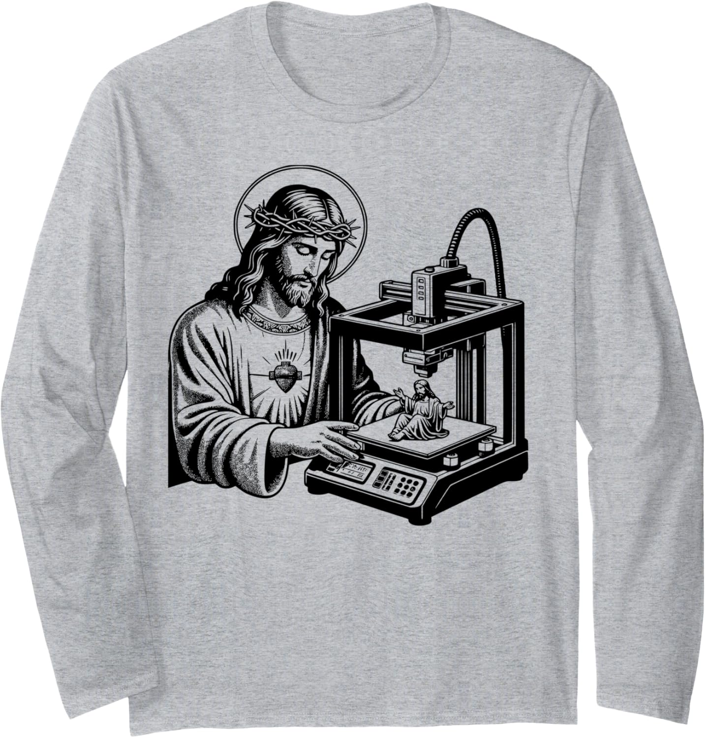 Jesus Christ Printing A Figure Of Himself 3D Printer Funny Long Sleeve