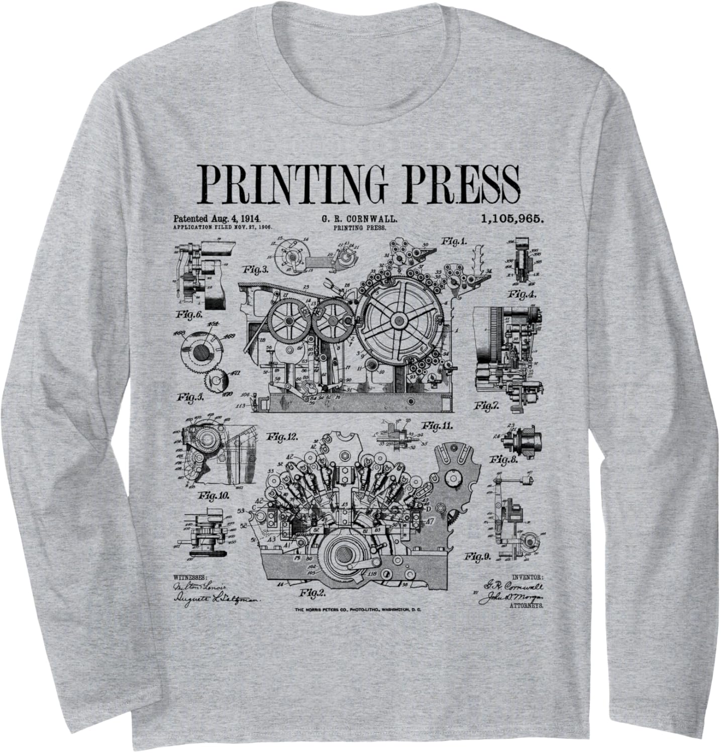 Book Printing Press Newspaper Printer Vintage Patent Print Long Sleeve