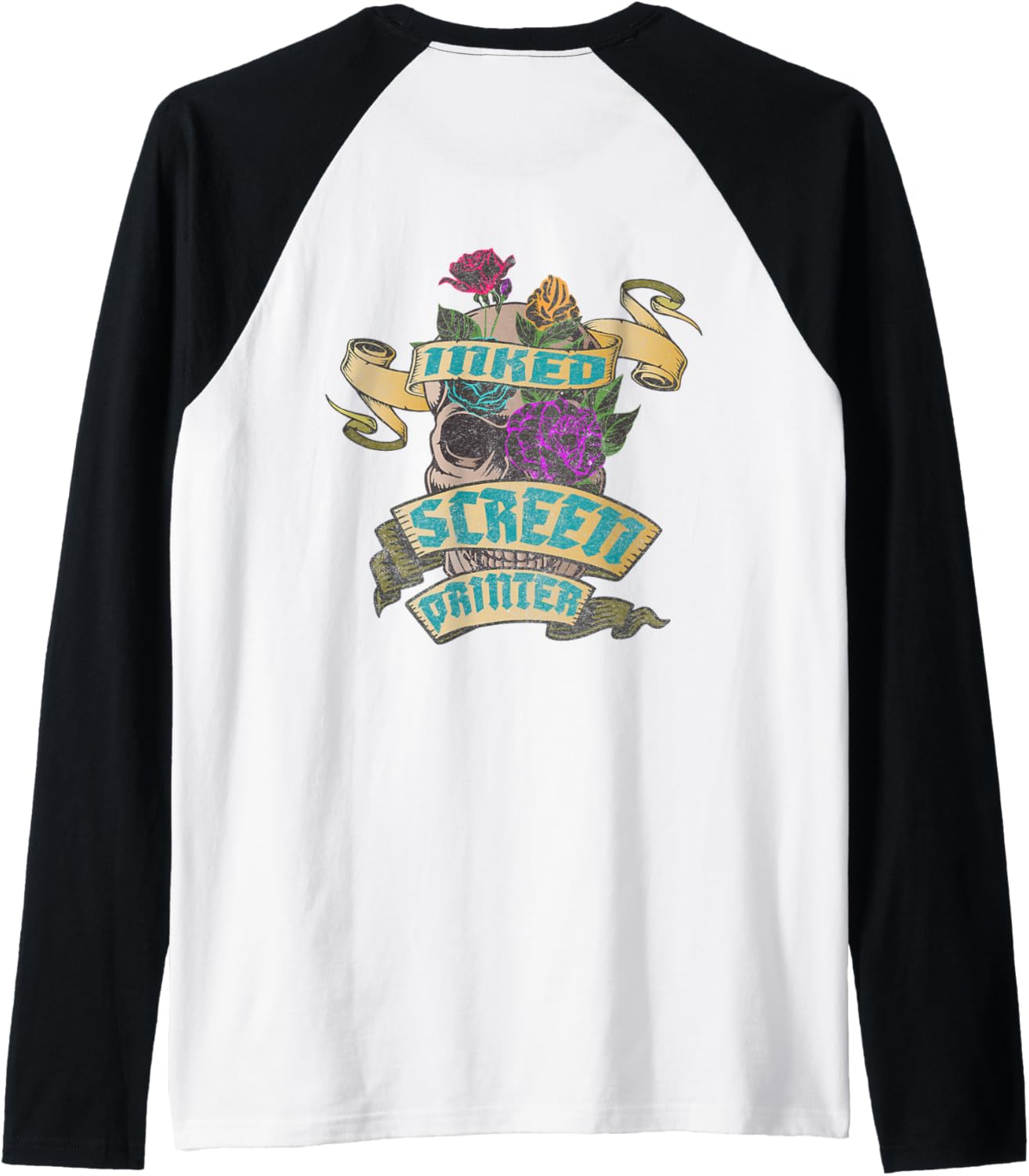 Screen Printer Inked Skull Tattoo Backside Design Raglan Baseball Tee