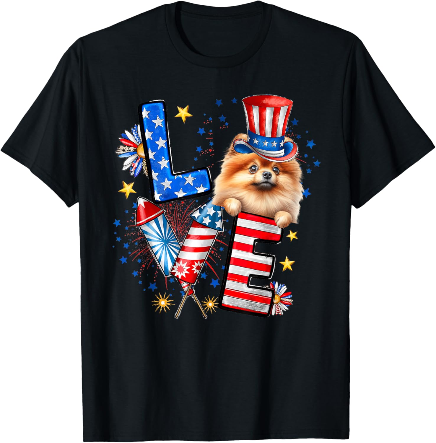 Love Pomeranian Dog American Flag 4Th Of July