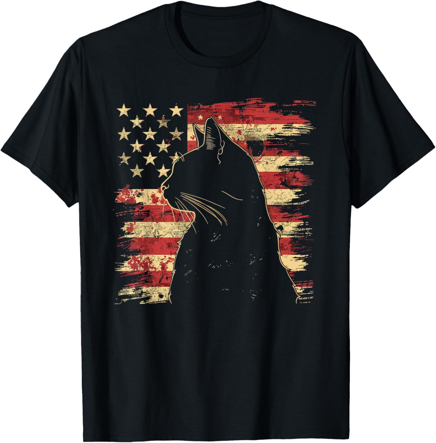 4Th Of July Designs Unisex Adult Vintage Patriotic Cat Silhouette Graphic T Shirt Black Small Short Sleeve