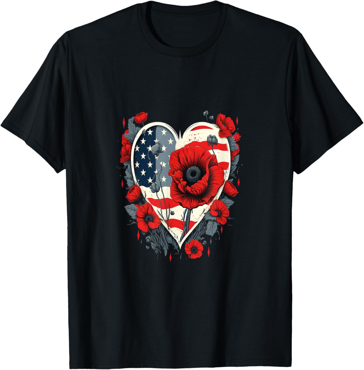 Memorial Day Red Poppy Flower Usa Heart Flag 4Th Of July