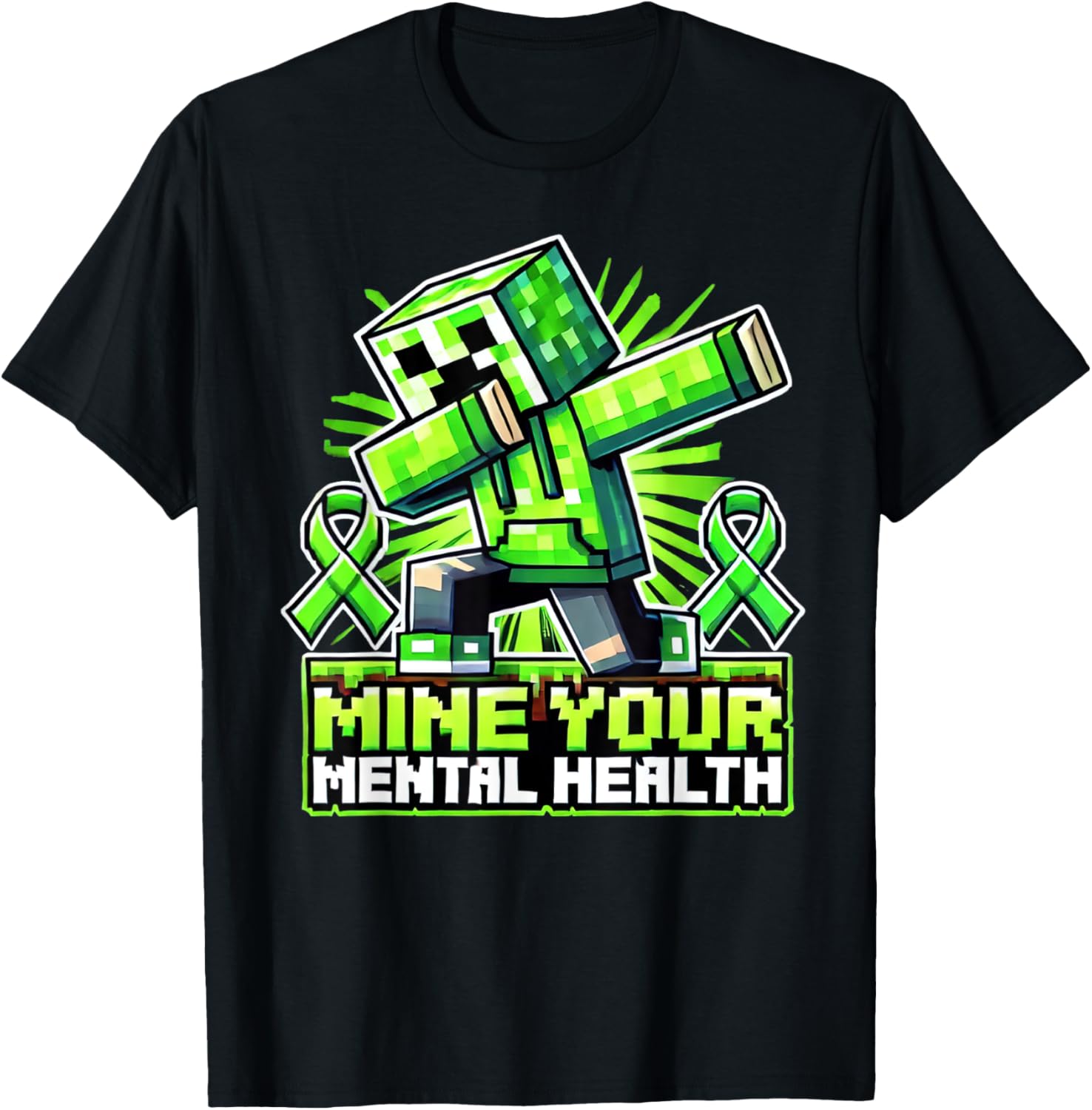 Mine Your Mental Health Awareness Green Pixel Ribbon For Kid