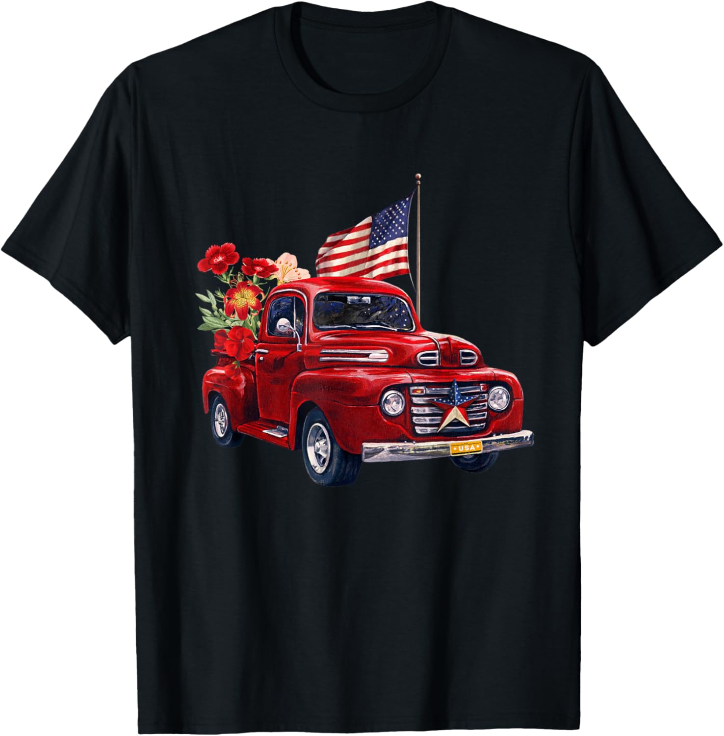 Red Truck With Flowers American Flag Happy 4Th Of July