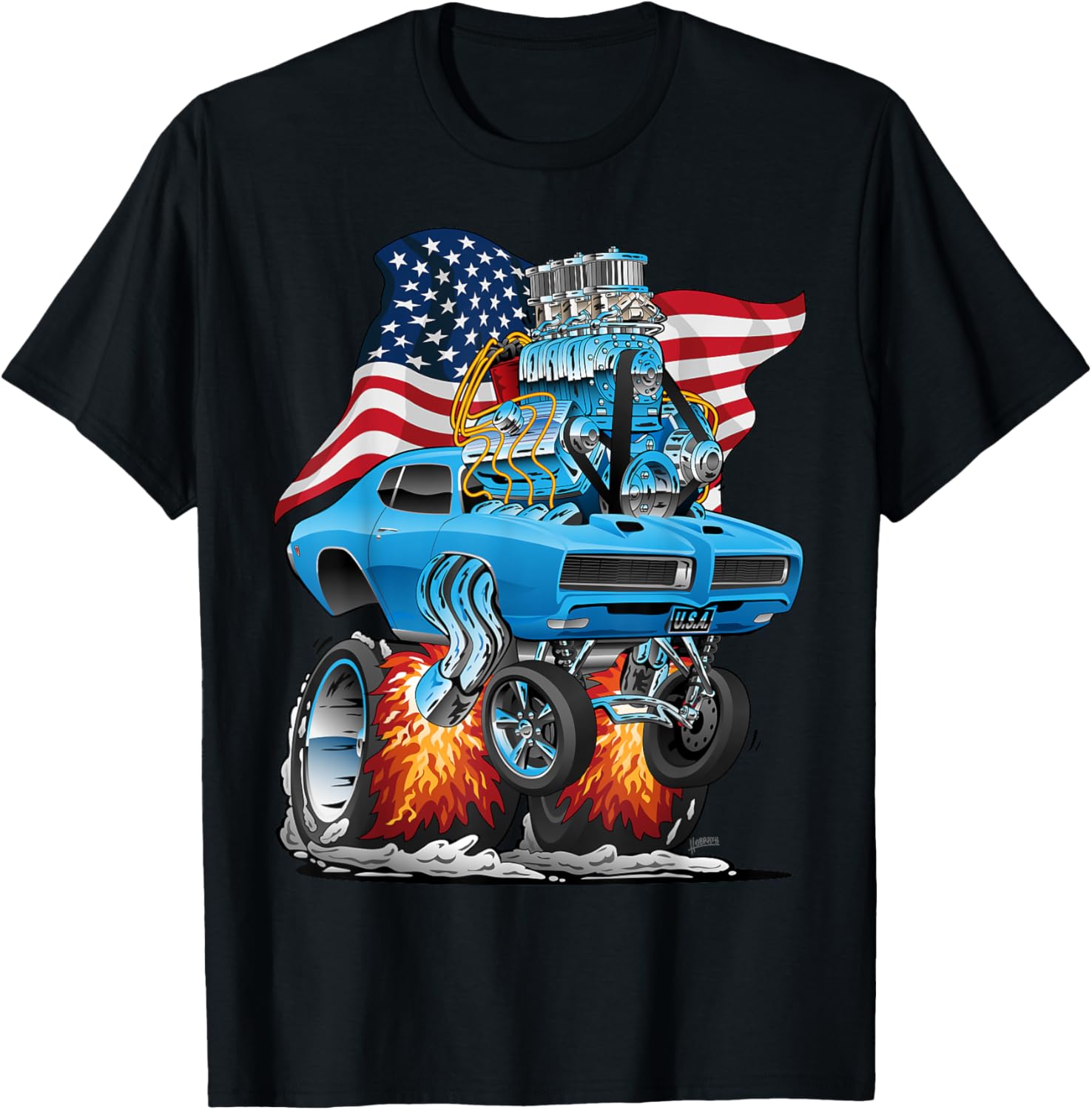 Patriotic 60S Muscle Car Funny Dragster Usa Hotrod Cartoon