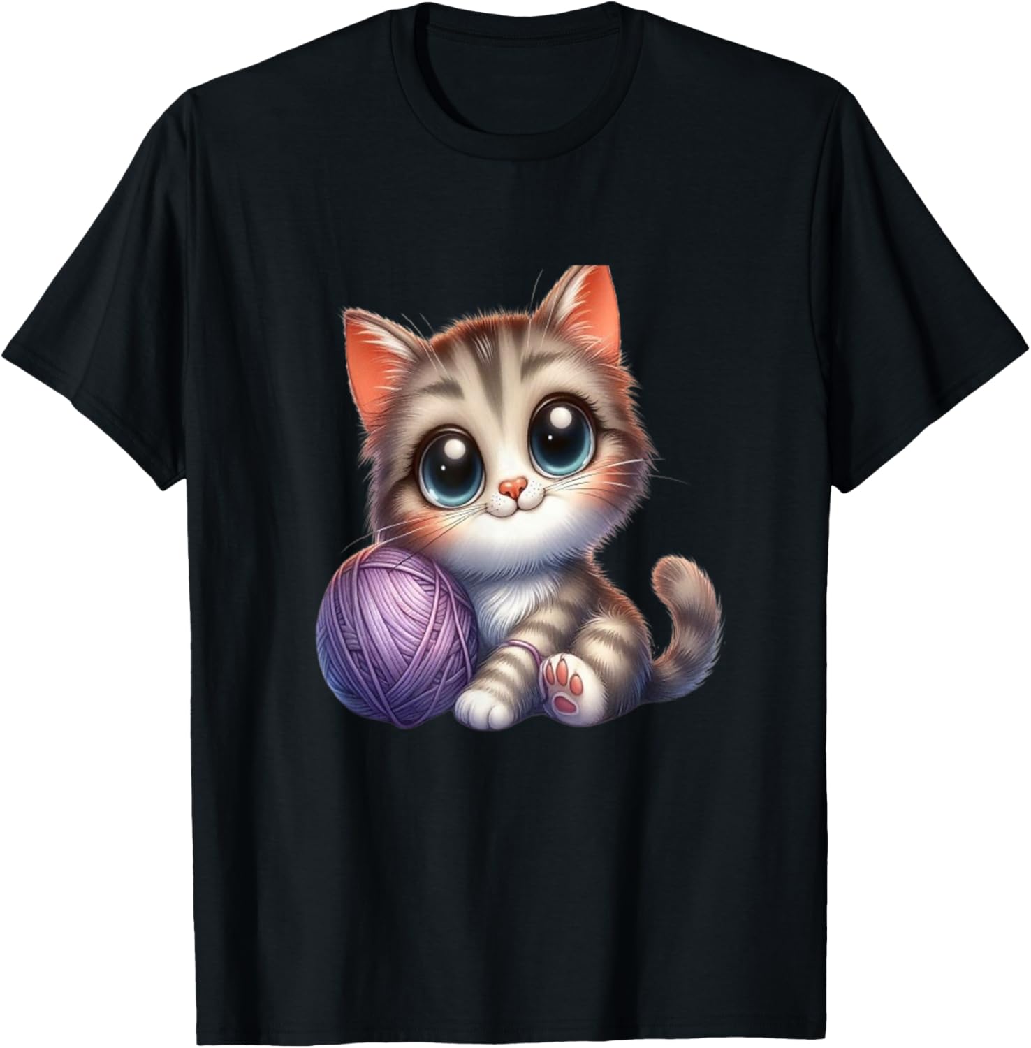 Cute Cartoon Cat Kitten Sitting With Ball of Yarn T-Shirt for Men Women