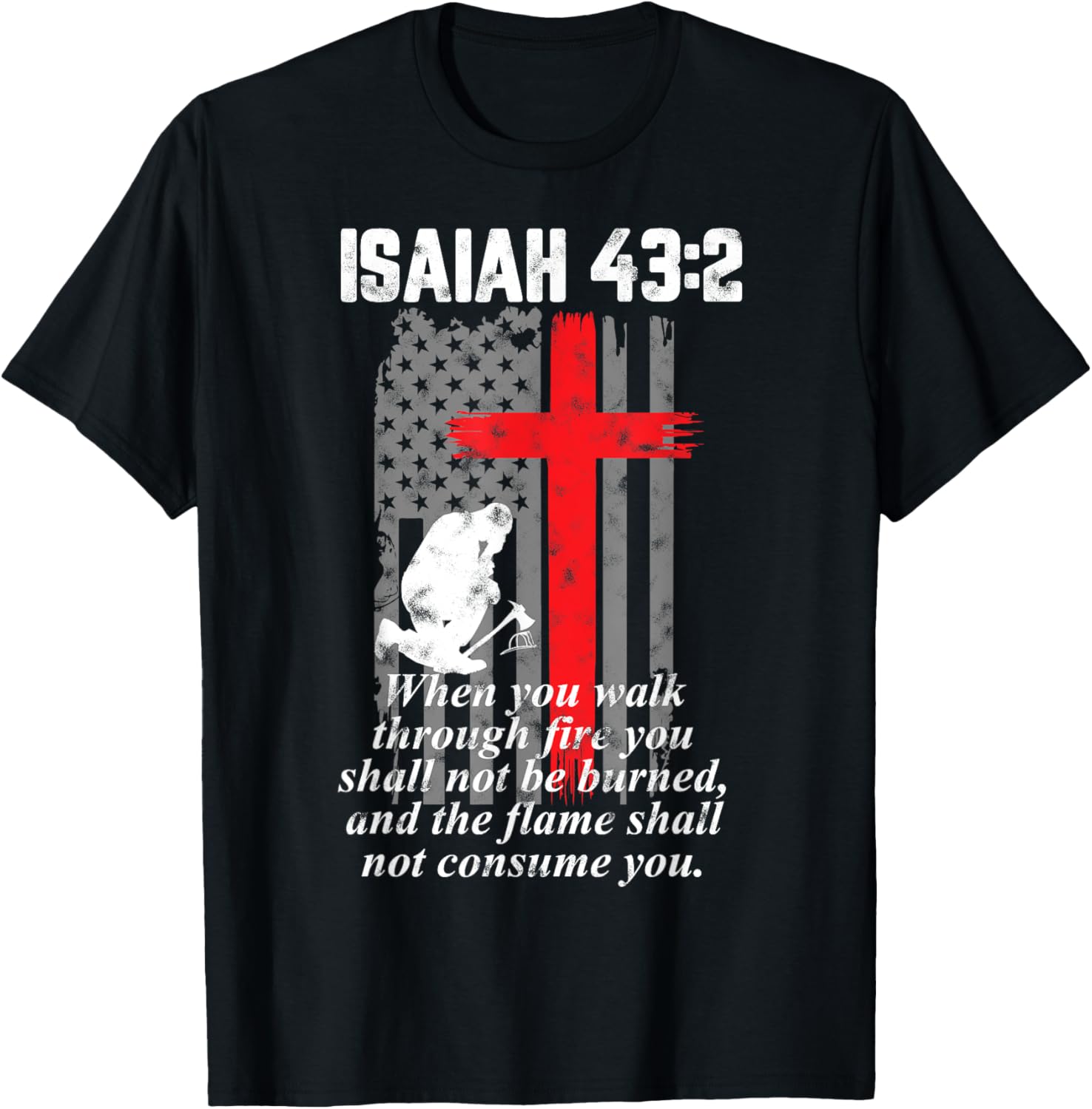 Thin Red Line Firefighter Cross Bible Verse American Flag