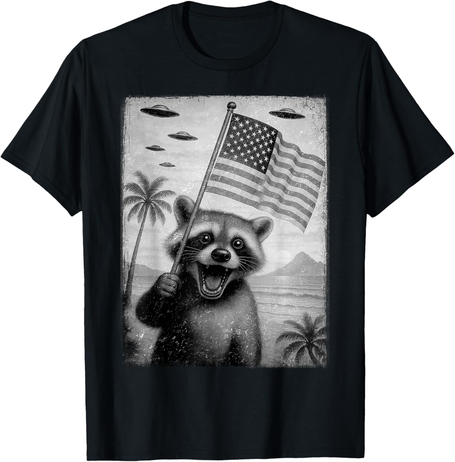Funny Racoon Selfie With Ufos Meme 4Th Of July Shirt Men Kid