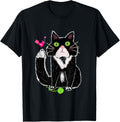 Funny Tuxedo Cat with Pink Bird and Green Yarn T-Shirt for Men Women Kids