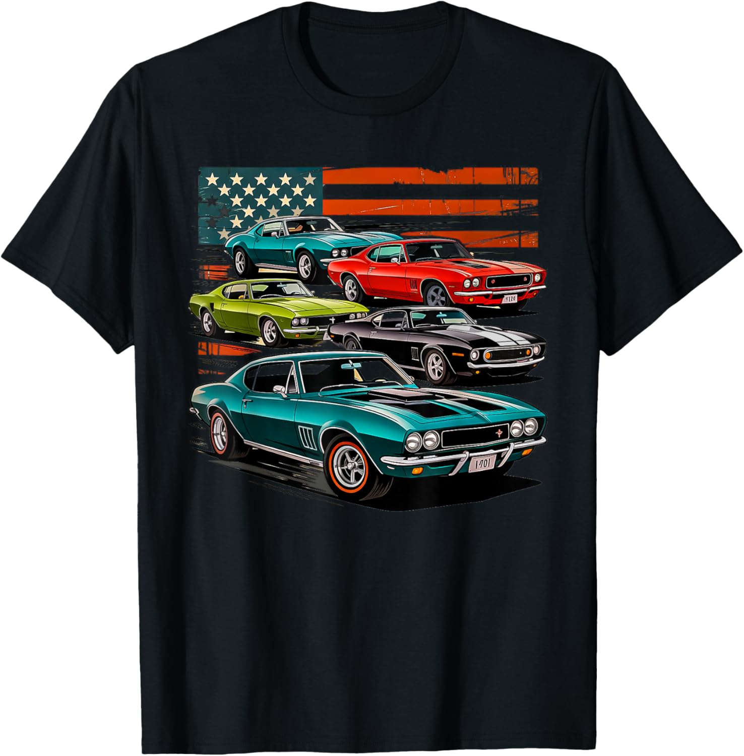 Vintage Classic Cars Muscle Car American Flag 4Th Of July