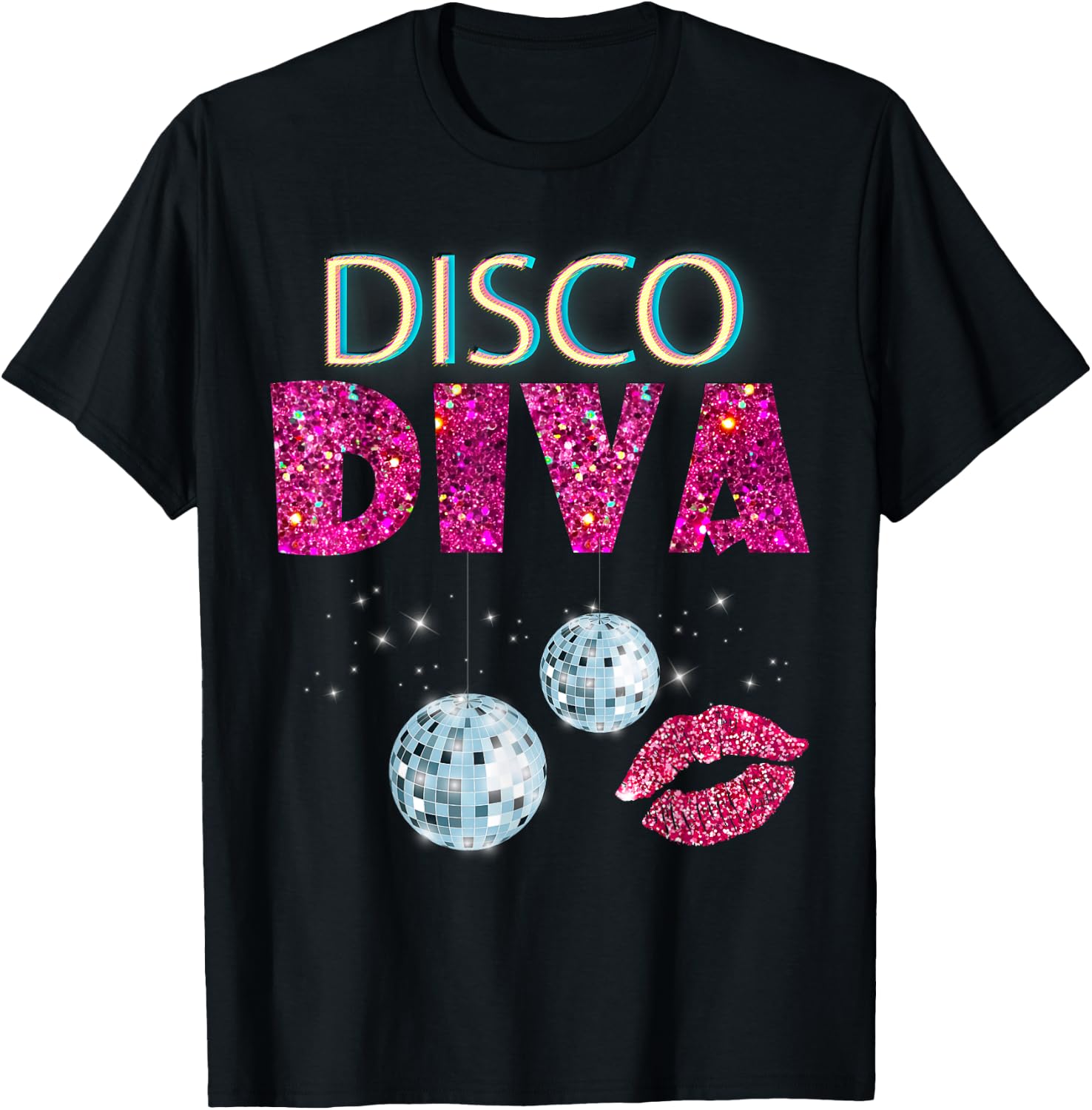 Disco Diva Ladies Gold Ball Silver Red Lips Shirt 50