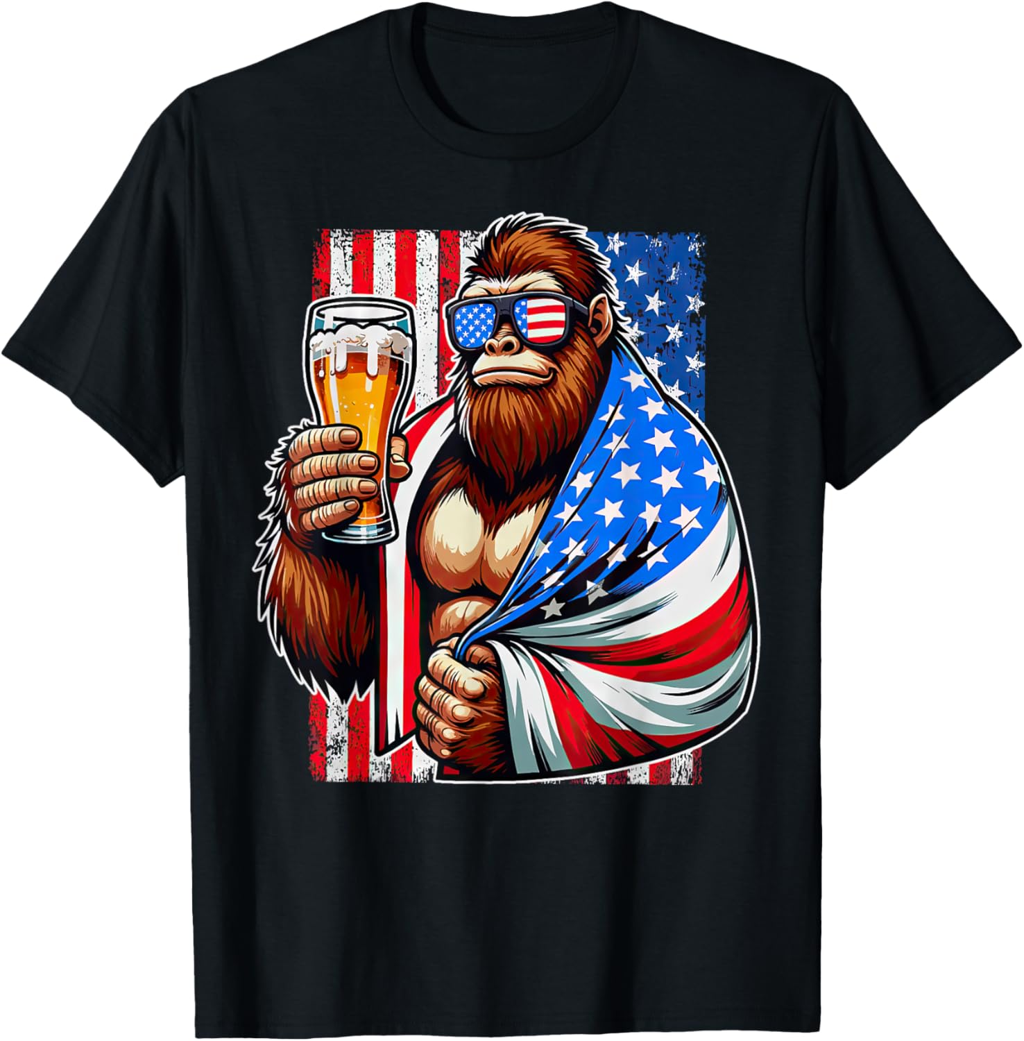 Bigfoot American Flag Drinking Beer 4Th Of July Patriotic