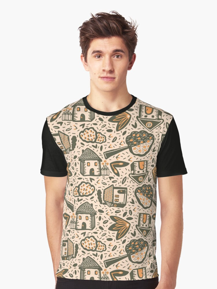 Little Cottages by the Tree in the Garden - Cute Retro Pattern -1 Graphic T-Shirt