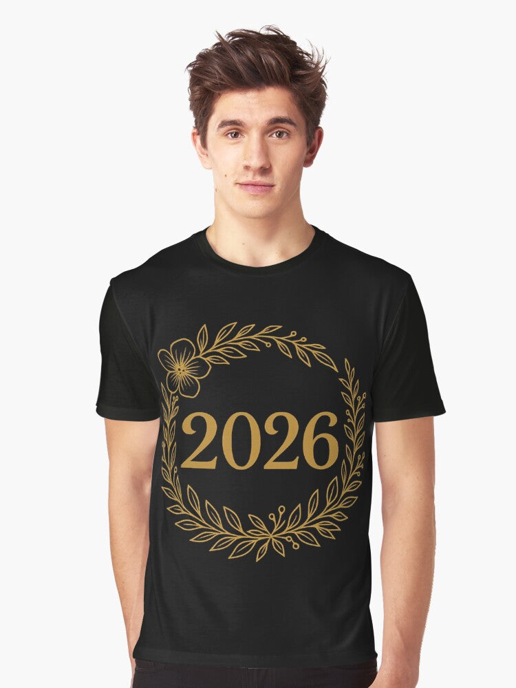 Gold Floral Wreath 2026 Elegant New Year Celebration Graphic T Shirt T Shirt Trending US Daily Wear