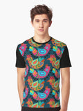 Teal blue Chicken Folk Art, Fiesta Cluckers, Colorful Birds Pattern, Roosters, blue Background Graphic T-Shirt