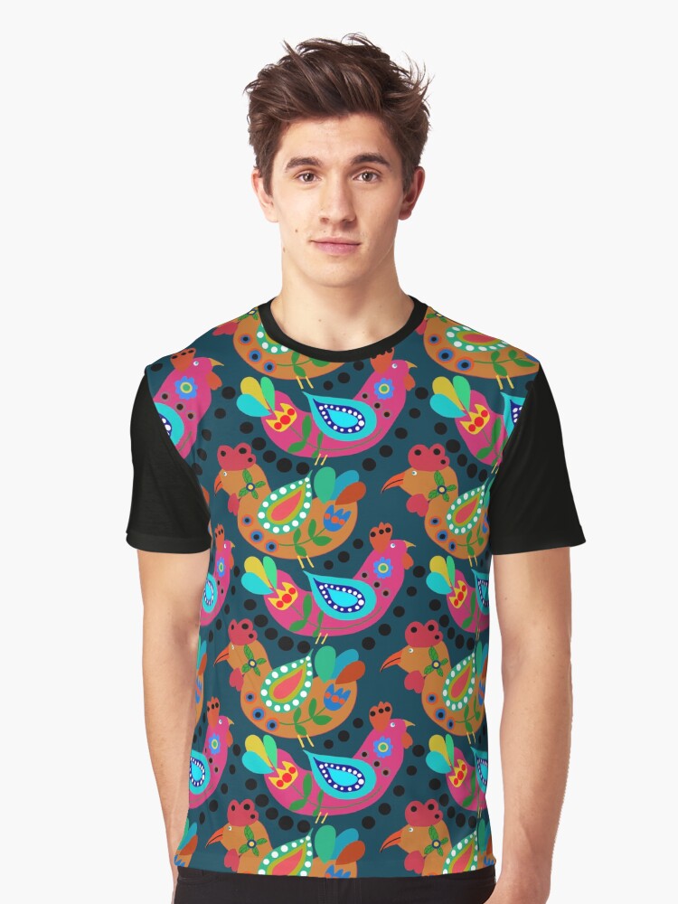 Teal blue Chicken Folk Art, Fiesta Cluckers, Colorful Birds Pattern, Roosters, blue Background Graphic T-Shirt