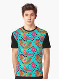 Turquoise blue Chicken Folk Art, Fiesta Cluckers, Colorful Birds Pattern, Roosters, blue Background Graphic T-Shirt