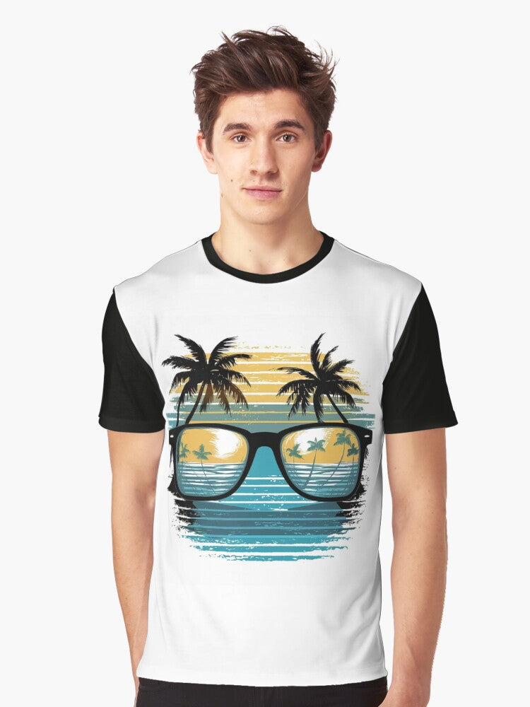 shirt design Design of a pair of sunglasses with reflection of sunny beach palm trees and waves vivid color pale T Shirt