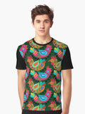 Chicken Folk Art, Fiesta Cluckers, Colorful Birds Pattern, Roosters, Green Background Graphic T-Shirt