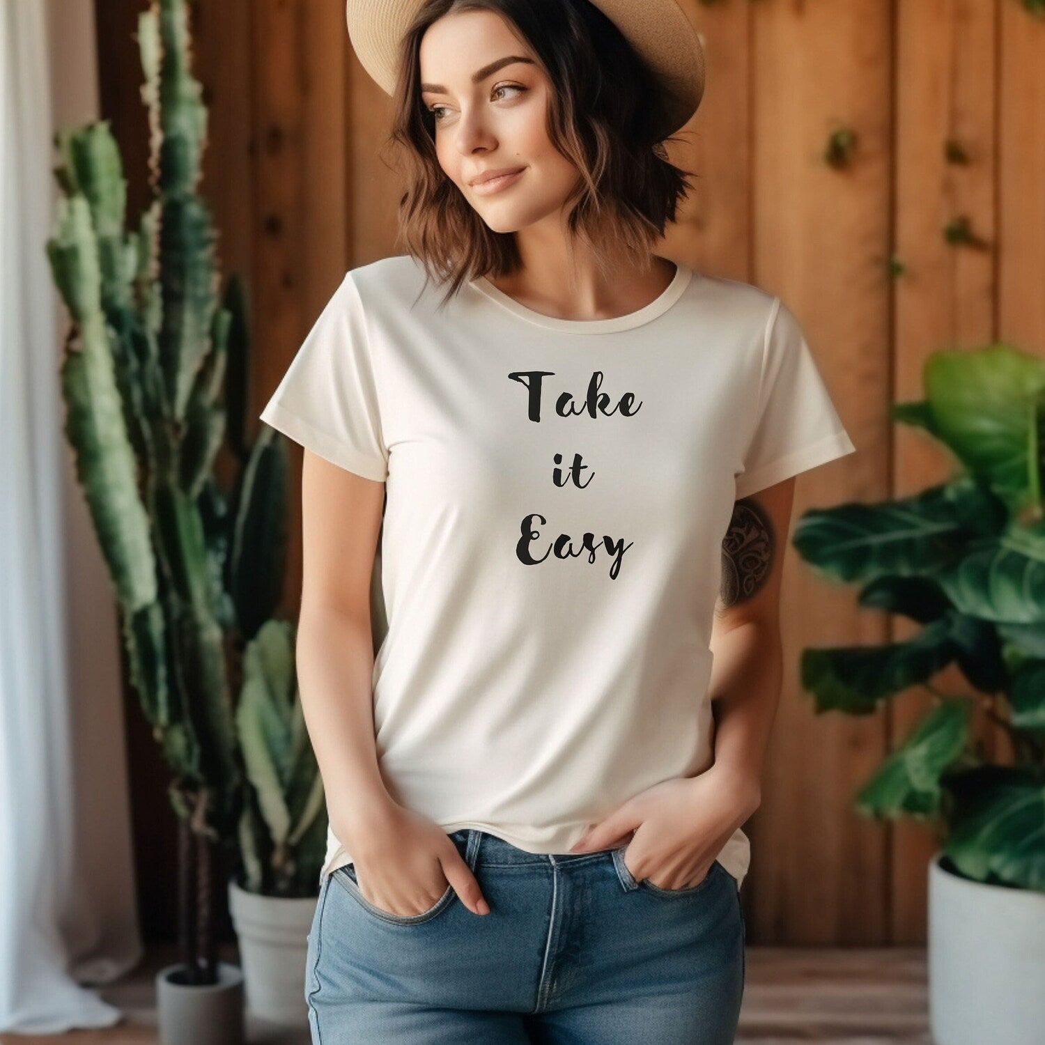 Take It Easy T-Shirt | Inspirational Yoga Gift Wife Positive Quote Spa Short Sleeve Tee
