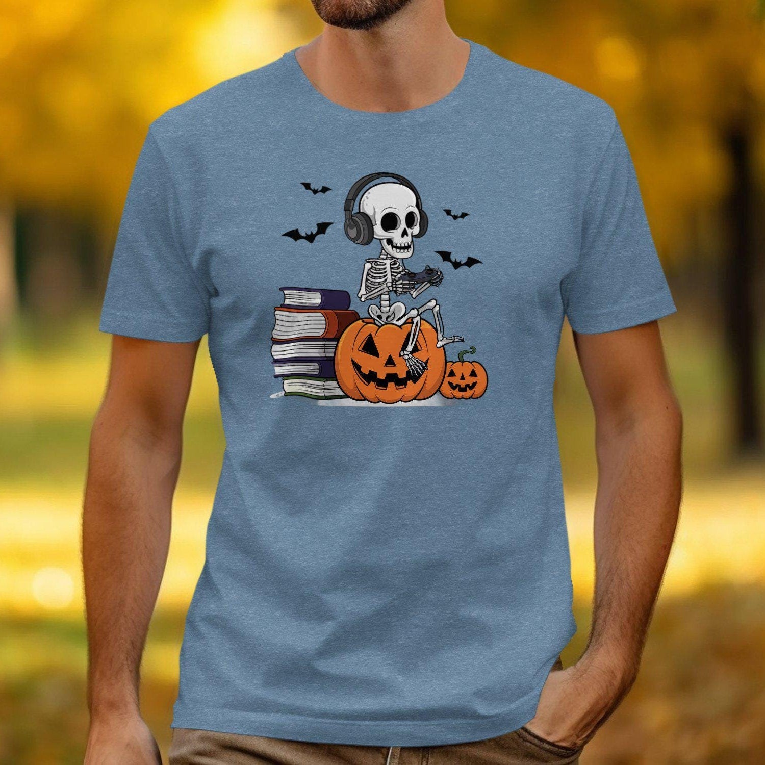 Funny Gamer Skeleton T-Shirt | Halloween Gaming Tee | Spooky Pumpkin Gamer Shirt