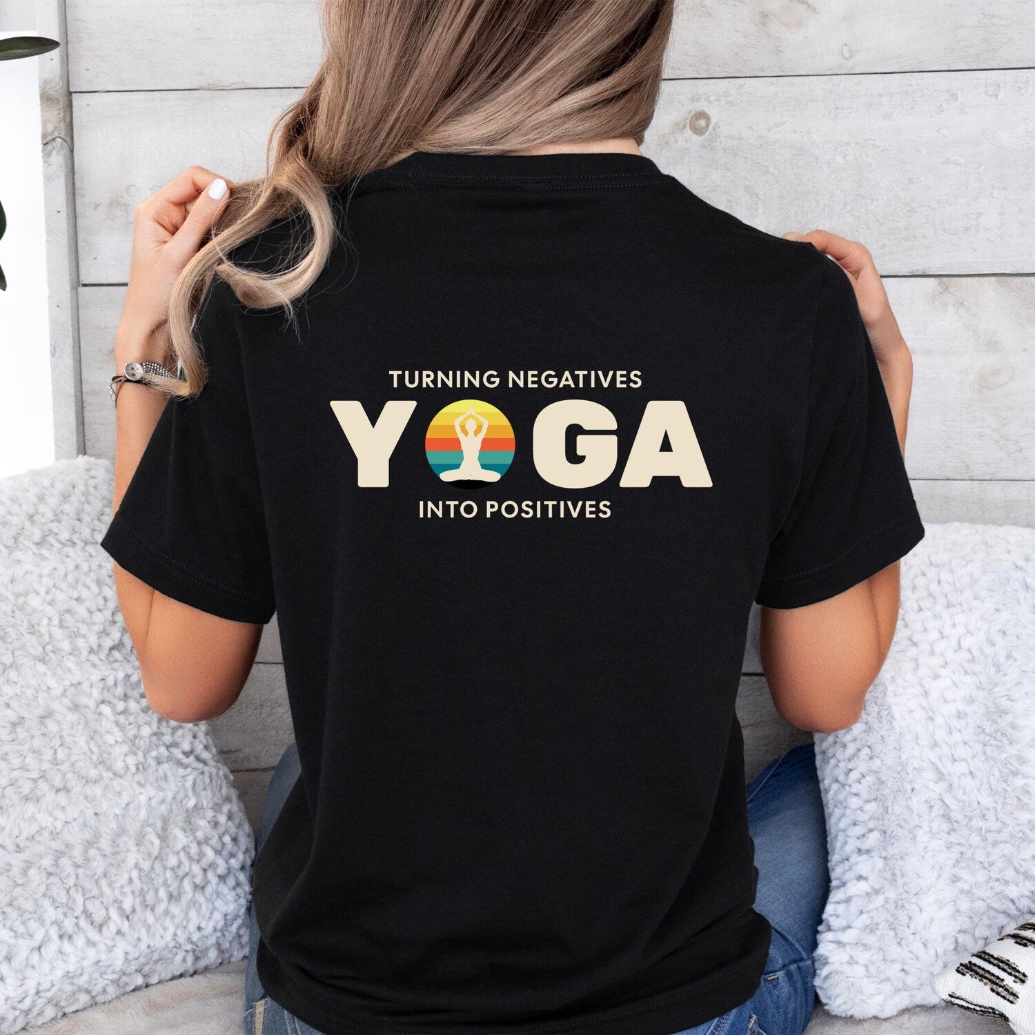Yoga Turning Negatives Positives Shirt | Retro Sunset Silhouette Mindful Living Wellness Fitness Lover Tee
