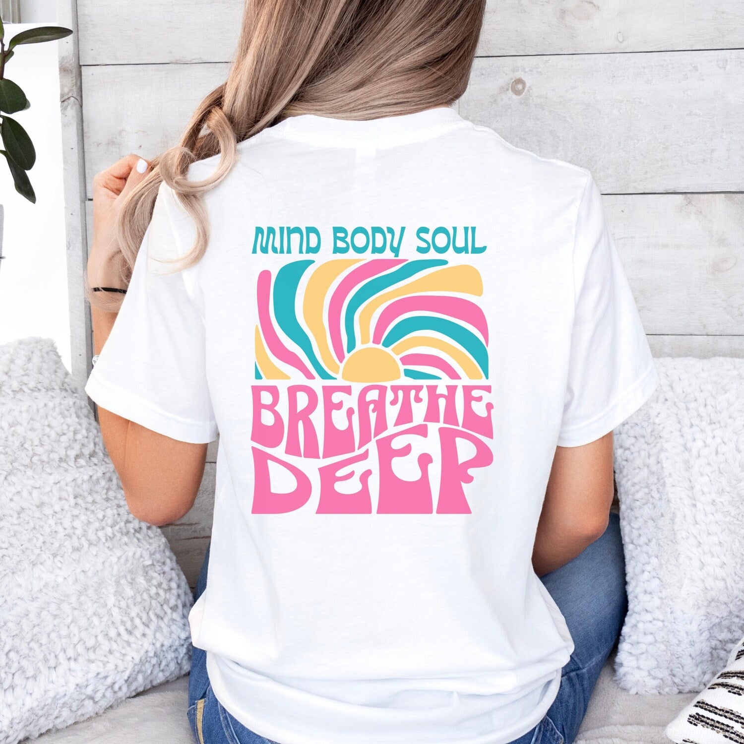 Retro Mind Body Soul Shirt | Breathe Deep Hippie Boho Yoga Mindfulness Self Care Graphic Top Tee Gift