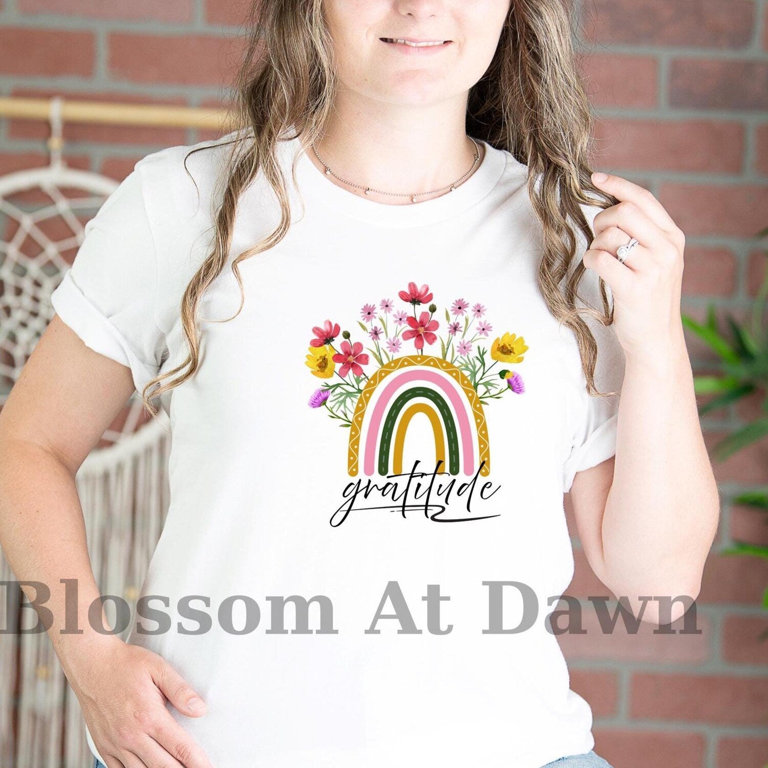 Boho Gratitude T-Shirt | Floral Rainbow Positive Mindfulness Inspirational Gift Her Boho Tee