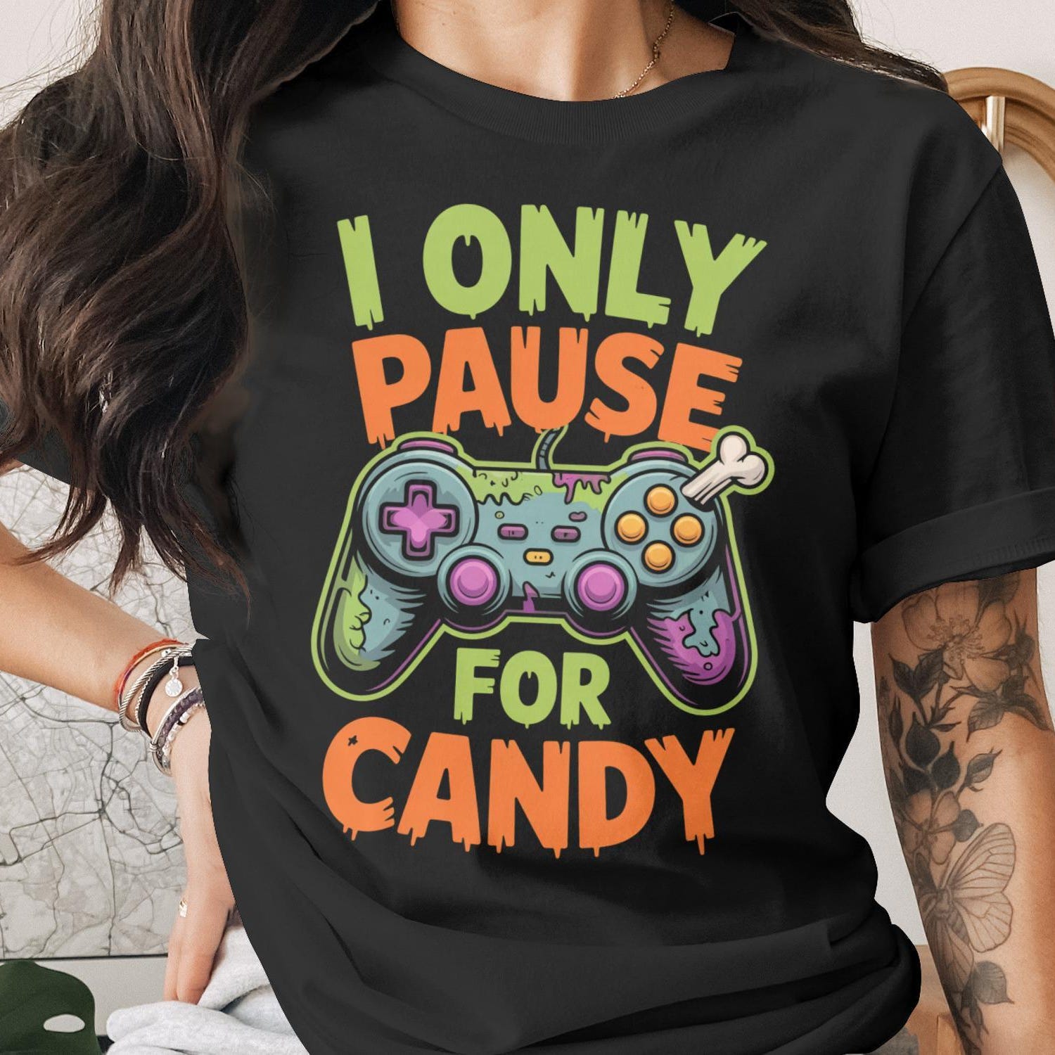 I Only Pause For Candy T-Shirt | Funny Halloween Gamer Tee | Pixel Vampire Gaming Shirt