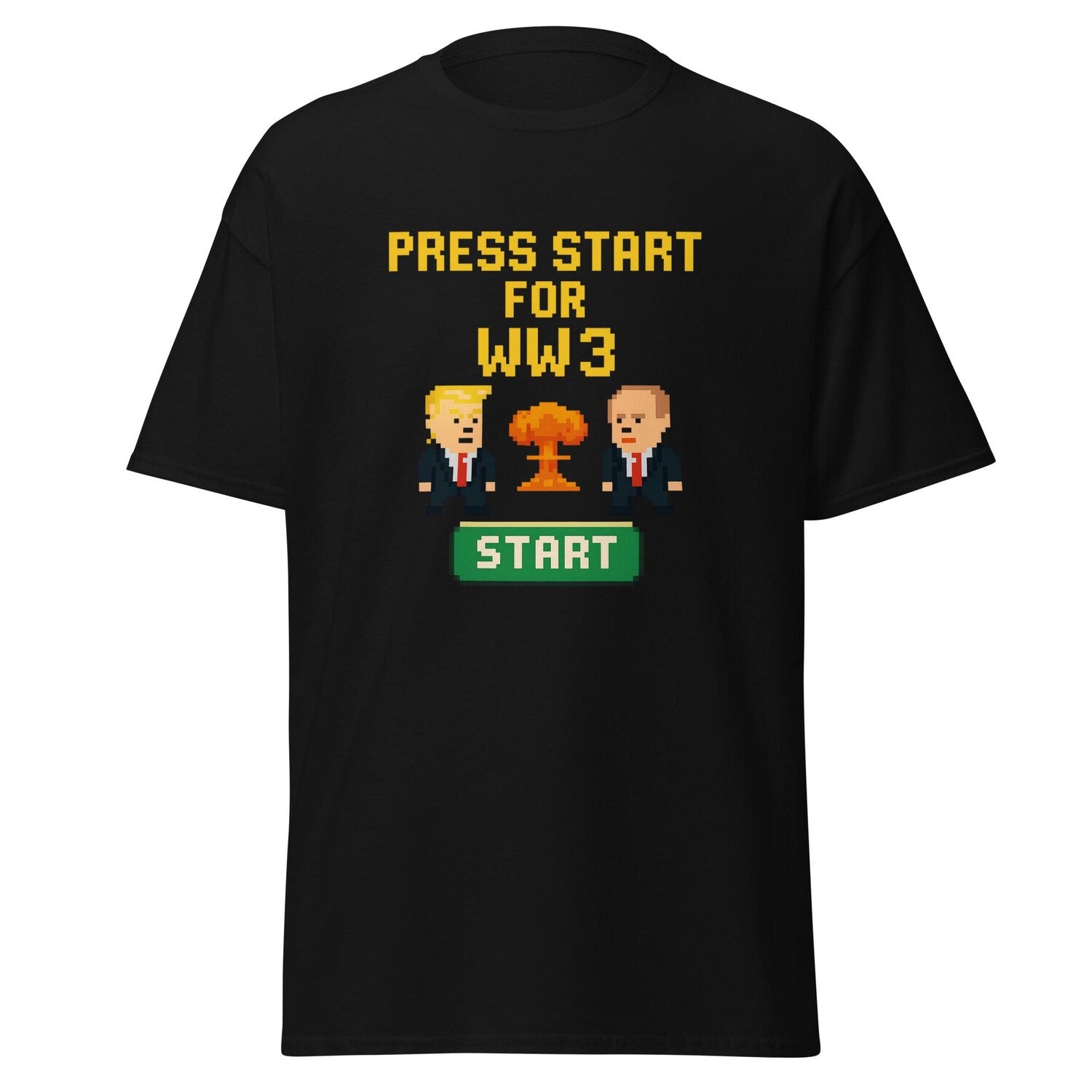 Funny Pixel Art Rocket Rider T-Shirt – Retro 8-Bit Meme Tee – Satire Graphic Shirt – Political Humor Gift – Unisex Gamer Style