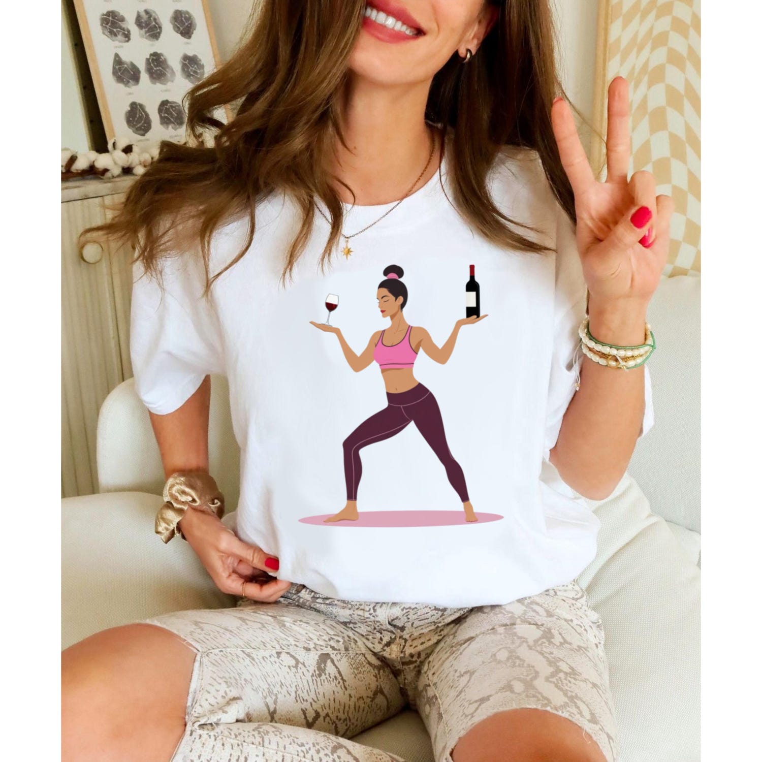 Women Heavy Cotton Tee: Funny Wine Yoga T-Shirt Cute Fitness Shirt Wine Graphic Tee Gift