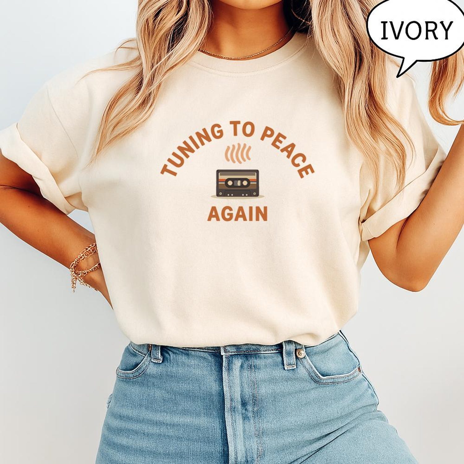 Tuning to Peace Again Shirt: Retro Cassette Tape Graphic Tee Mindful Quote Gift