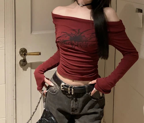 Hot Selling Gothic Print Grunge Tshirt Long Sleeved Off Shoulder Y2k Top T-Shirt | Top Trending Design | Comfortable All-Day Fit