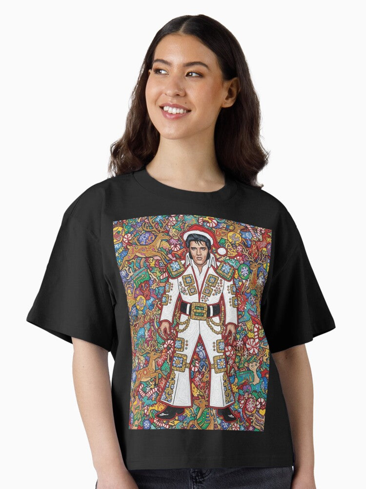 Elvis Claus Viva Las Funny Ugly Sweater Art Boxy T Shirt Boxy T Shirt High Search Demand Relaxed Style