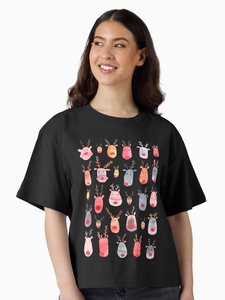 Reindeers Animal cuteness Winter watercolor pattern Rudolph Boxy T Shirt Boxy T Shirt Trending US Relaxed Style