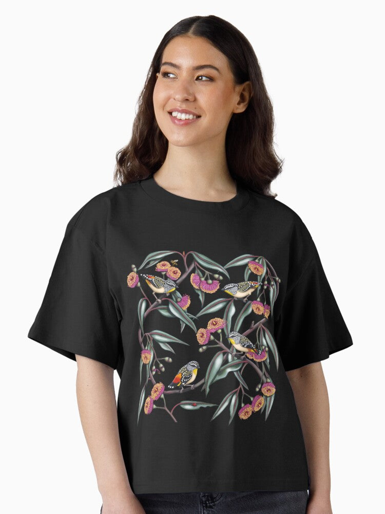 Pardalotes in Gum Flowers Repeated Pattern by Australian artist Laural Retz Boxy T Shirt Boxy T Shirt Trending US