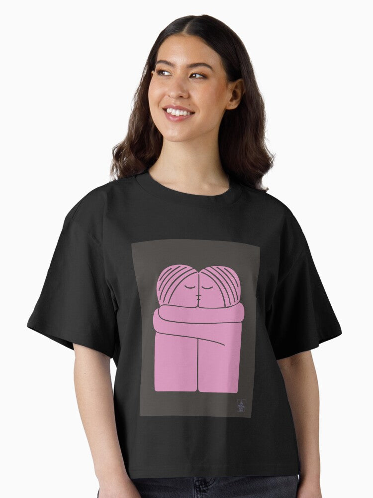 Minimalist Hugging Figures Modern Line Art Illustration Pink Black Boxy T Shirt Boxy T Shirt Trending US Daily Wear