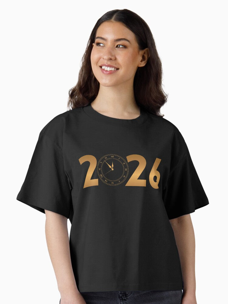 2026 New Year Gold Clock Design Boxy T Shirt T Shirt Premium Print Best Seller Look