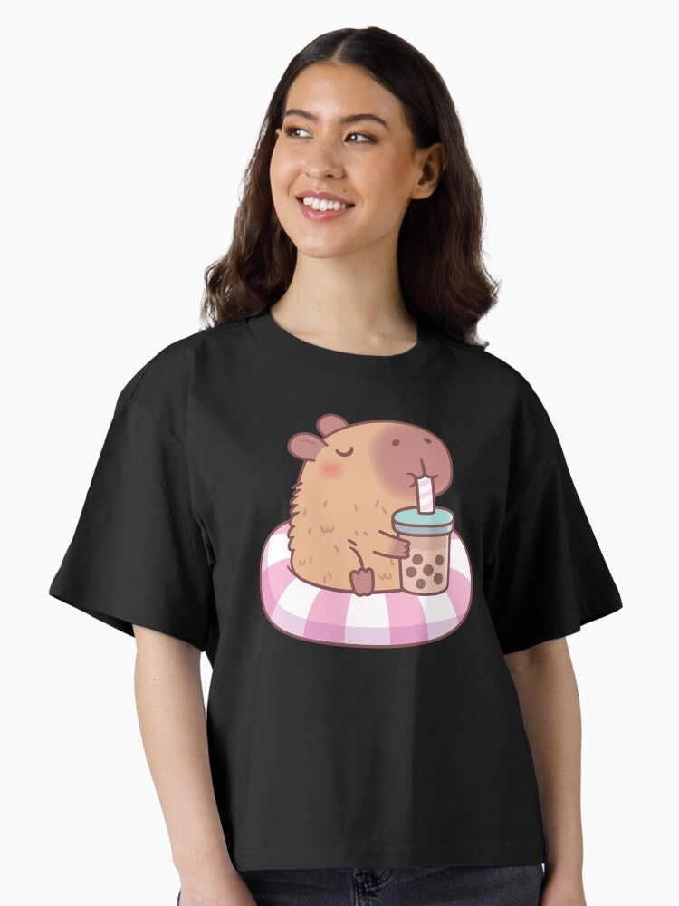 Cute Capybara On Pool Float Drinking Bubble Tea Boxy T Shirt Boxy T Shirt Viral TikTok Daily Wear