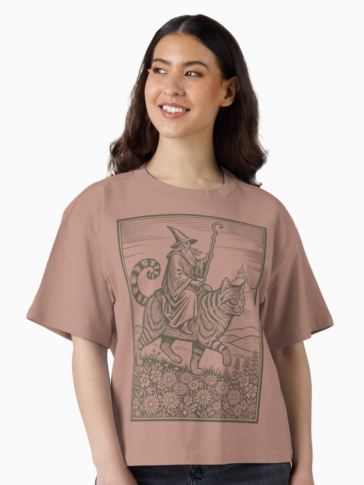 Wizard Cat Rider Vintage Medieval Sorcerer Boxy T Shirt Women T Shirt Premium Print Daily Wear